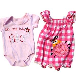 2 Ladybug Girl Outfits- Duck Duck Goose Pink‎ Onesie & Jumping Beans Romper 0-3M